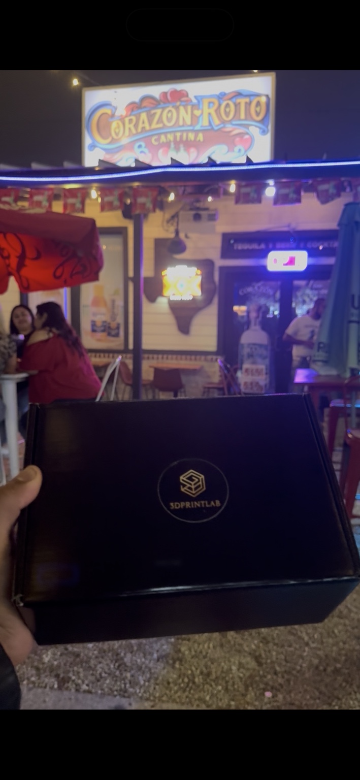 3DPrintLab branded delivery box photographed at Corazón Roto Cantina in Denton, Texas